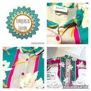 🌺🩷turquoise Hawaiian floral print vintage women shirt size small🌺🩷🌺